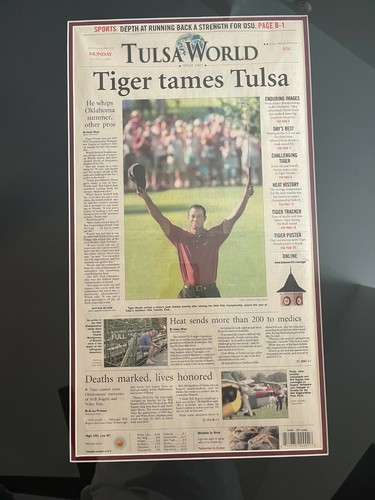 RARE Tiger Woods 2007 PGA Southern Hills framed/matted full newspaper Tulsa #2 - Picture 5 of 6