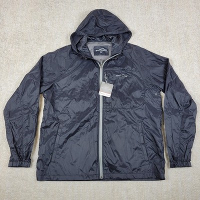 Eddie Bauer Jacket Mens L Tall Black Shell Rippac Stretch Rain Hooded Zip Vented