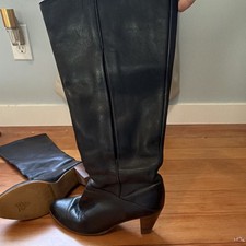 Frye Women  s Black Leather Knee-High Boots Block Heel Round Toe Size 8.5