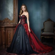 Red‑Black Gothic Ball Gown Sweetheart Lace Formal Evening Halloween Party Dress