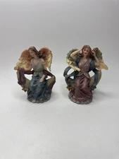 Set of 2 Vintage K's Collection Angels on Moons Stars Figurines Celestial Decor