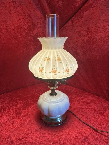 Vintage Milk Glass Floral HURRICANE LAMP Converted Electric Beautiful!!! Tested!