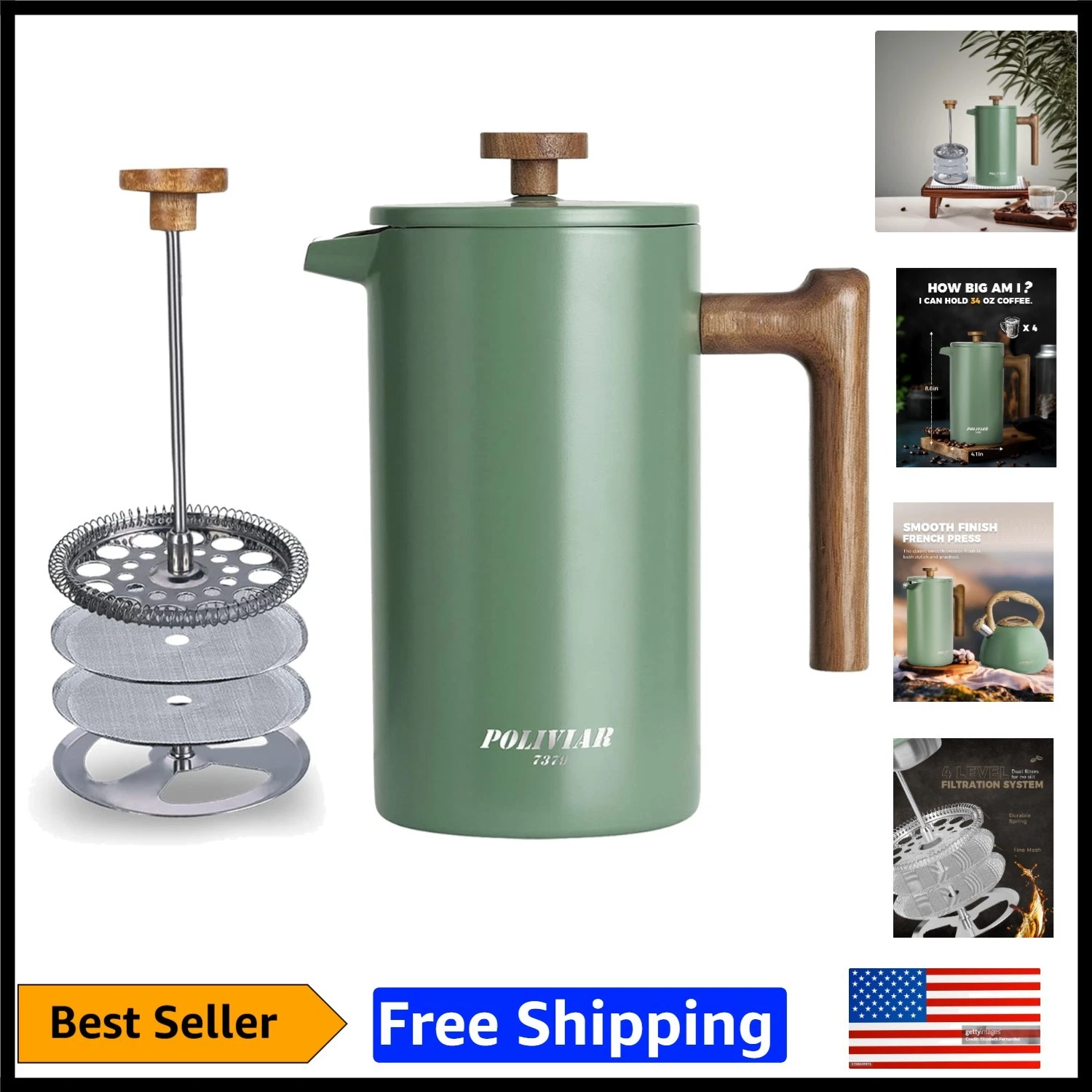 34 oz French Press Coffee Maker with Real Wood Handle & Double Wall Insulation
