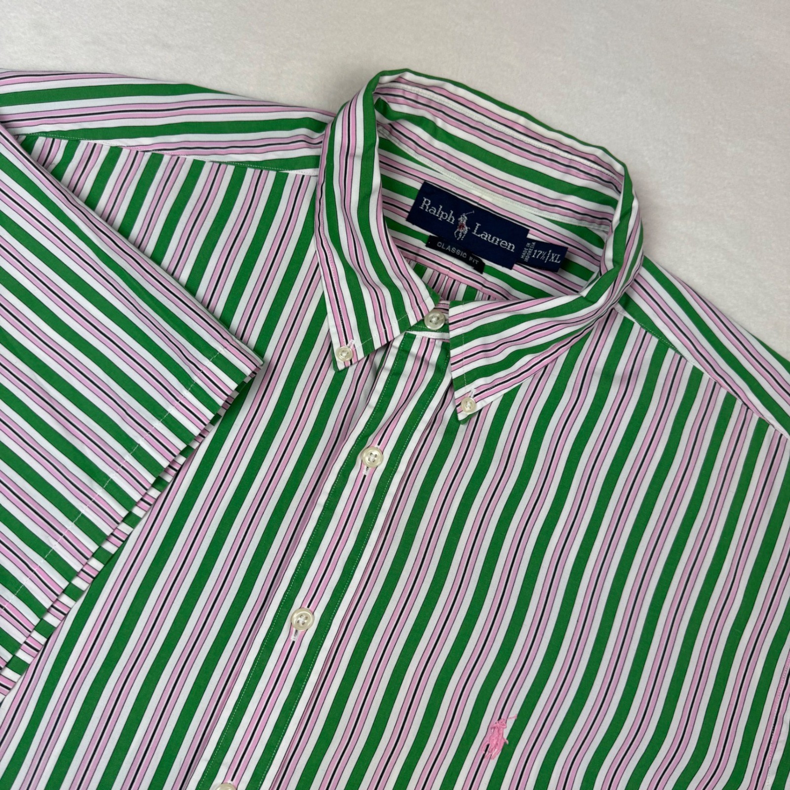 Camicia Ralph Lauren vestibilità classica XL 17 5 rosa verde righe logo pony SS