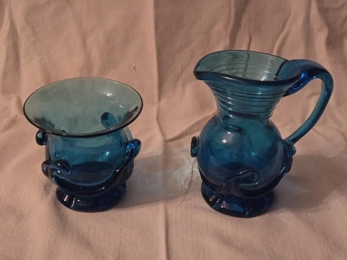 ​Vintage 1954-1963 Blenko Art Glass Pitcher & Bowl Set-Hand-Blown - Azure Blue