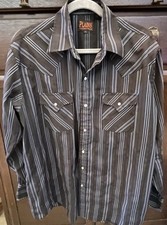 Vintage Plains Western Wear Shirt Men Large Black Blue Pearl Snap Striped