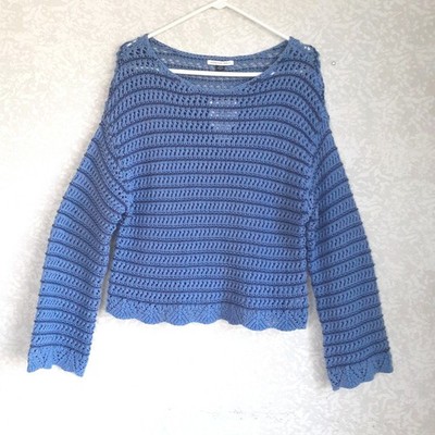 American Eagle Womens Ballet Neck Long Sleeve Crop Crochet Knit Blue Sweater M