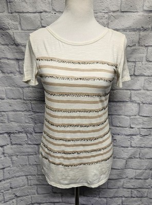 NWT LOFT XS Taupe Beige Silver Sequin Striped Burnout S/S Top Tee