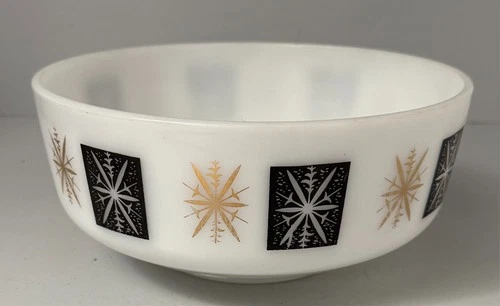 vintage Federal Glass 1950s Atomic Starburst 3.5 qt. bowl, gold and black print