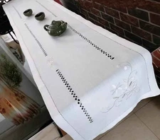Elegant Beige White Flower Embroidery Hemstitch Cotton Linen Table Runner LA