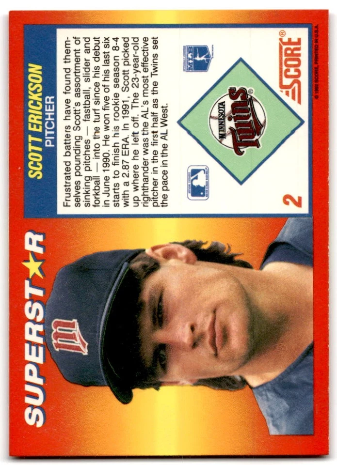 1992 Score 100 Superstars #2 Scott Erickson - Image 2 of 2