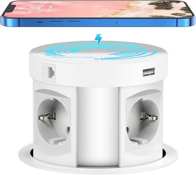 THOWALL Tisch-Einbau-Steckdose HDMI, LAN RJ45, Qi Wireless, 4X Schuko, 2x USB-A