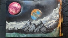  Outer Space Mountains Spray Paint Art Poster-board (Stars, Planets, Clouds)