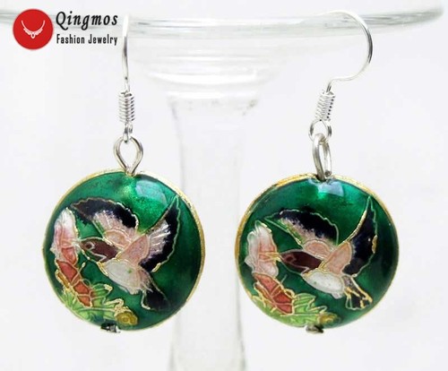 18mm Round Dark Green Cloisonne Earring for Women Hook Dangle Earring Jewelry - Picture 2 of 4