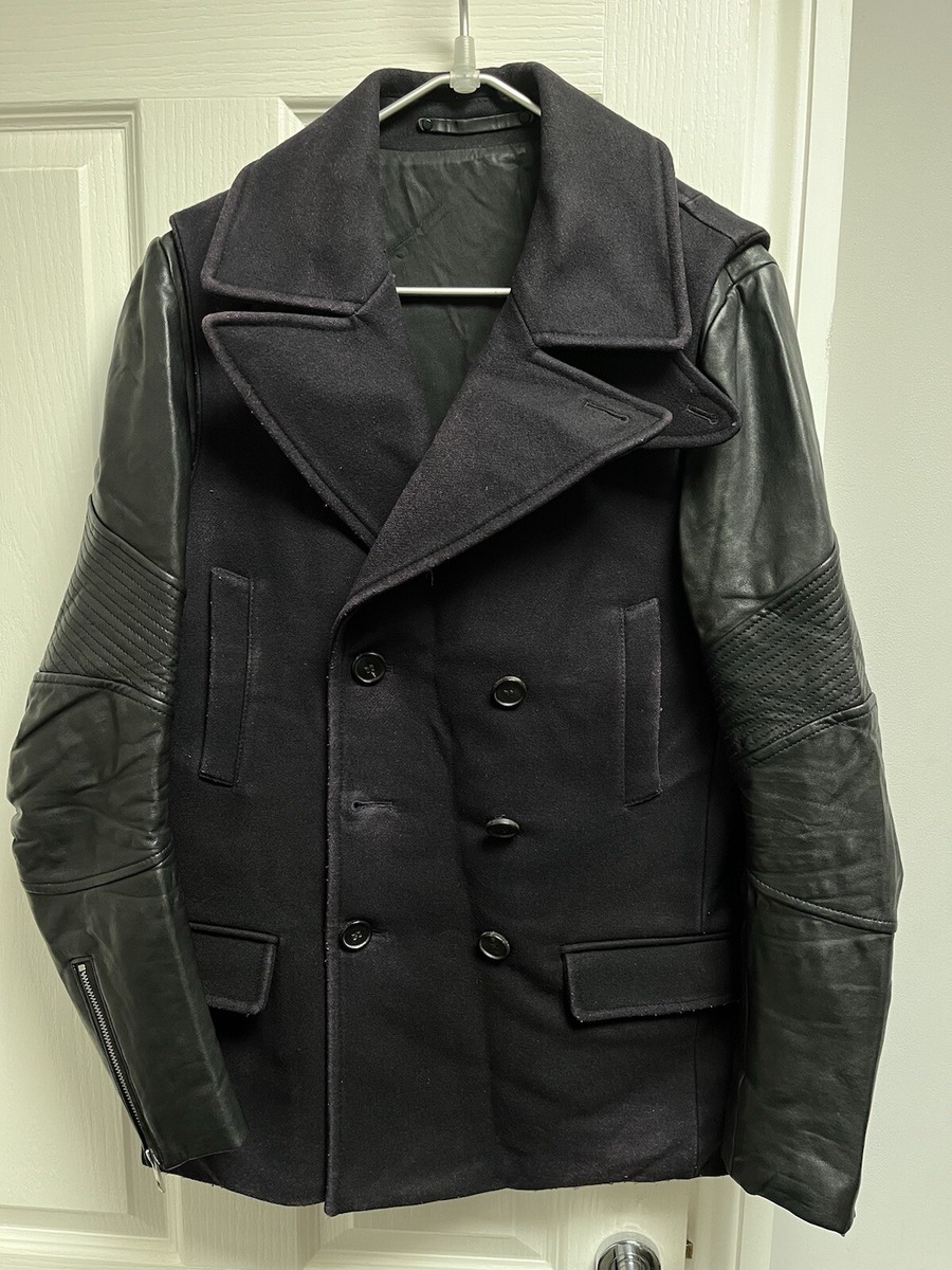 Black Leather Sleeve Pea Coat Isaia Leather Pea Coat With Wool