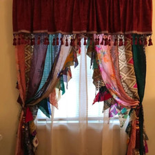 2 Pcs Indian Sari Patchwork Curtain Drape Window Decor Multi Silk Sari Curtain