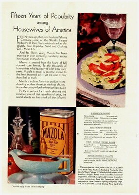1929 Mazola Corn Oil Vintage Print Ad Fifteen Years Of Popularity
