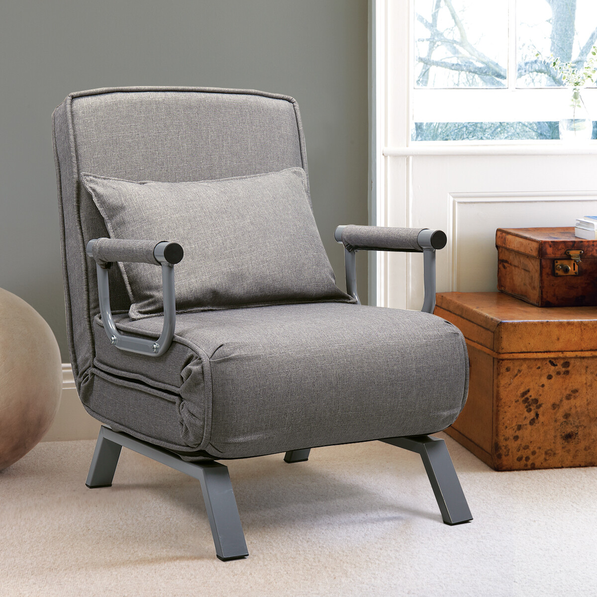 Folding Sofa Bed Arm Chair Single Sleeper Bed Chair Leisure Recliner Lounge Gray