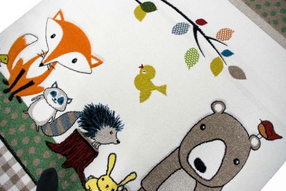 Kinderteppich Spielteppich Babyzimmer Teppich Tiere Bär Fuchs Igel Eule Beige Br - Bild 2 von 4