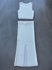 white knit two piece set  low waist skirt and crop top