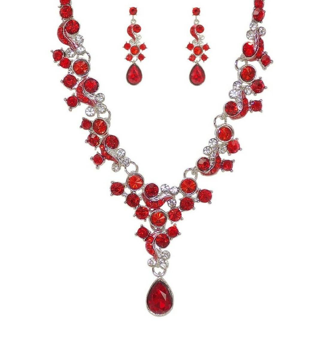 Sparkling Red Crystal Necklace and Earring Set with teardrop