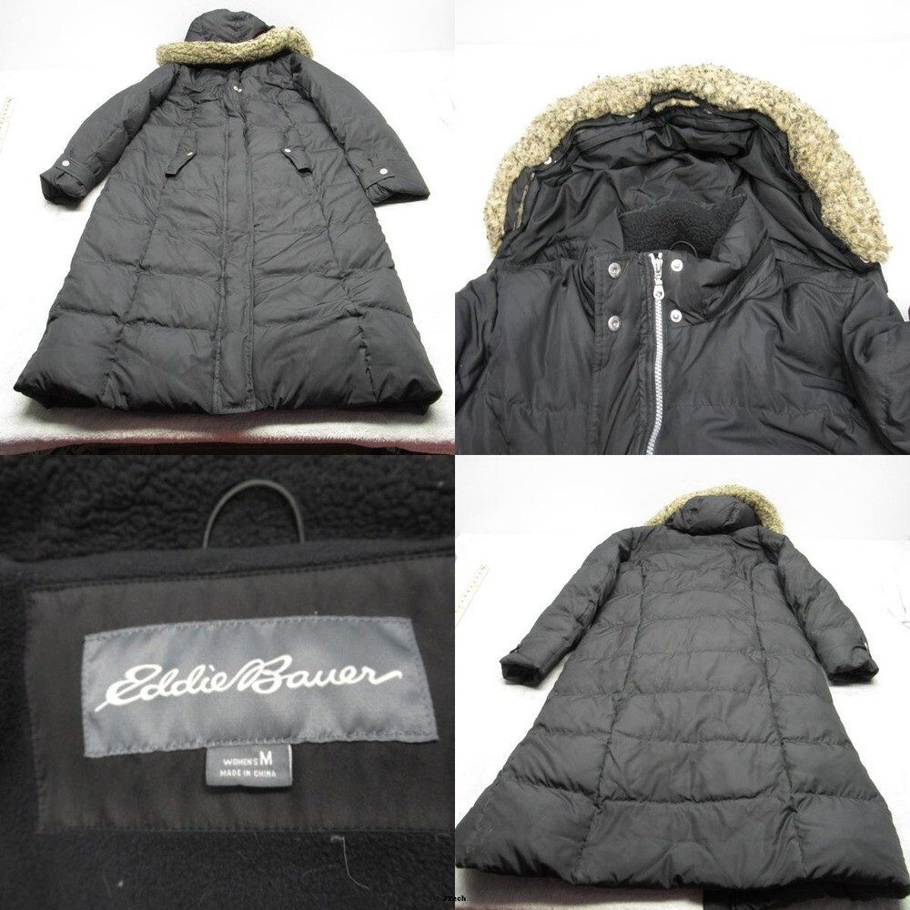 Eddie Bauer Down Coat Women Medium Black Faux Fur Hooded Trim Long Puffer Jacket