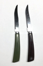 2 VTG QUIKUT Stainless Steak Knives Brown Green Bakelite Handles Made In USA