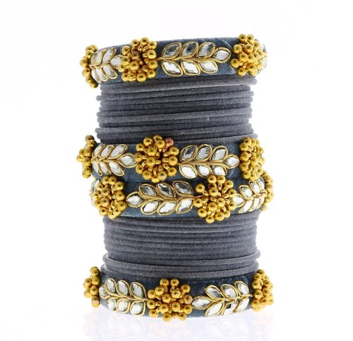Indian Bangles, Velvet Flower Plain Size (2x6) GREY- 2 Hand Bangle Set - 第 1/1 張圖片
