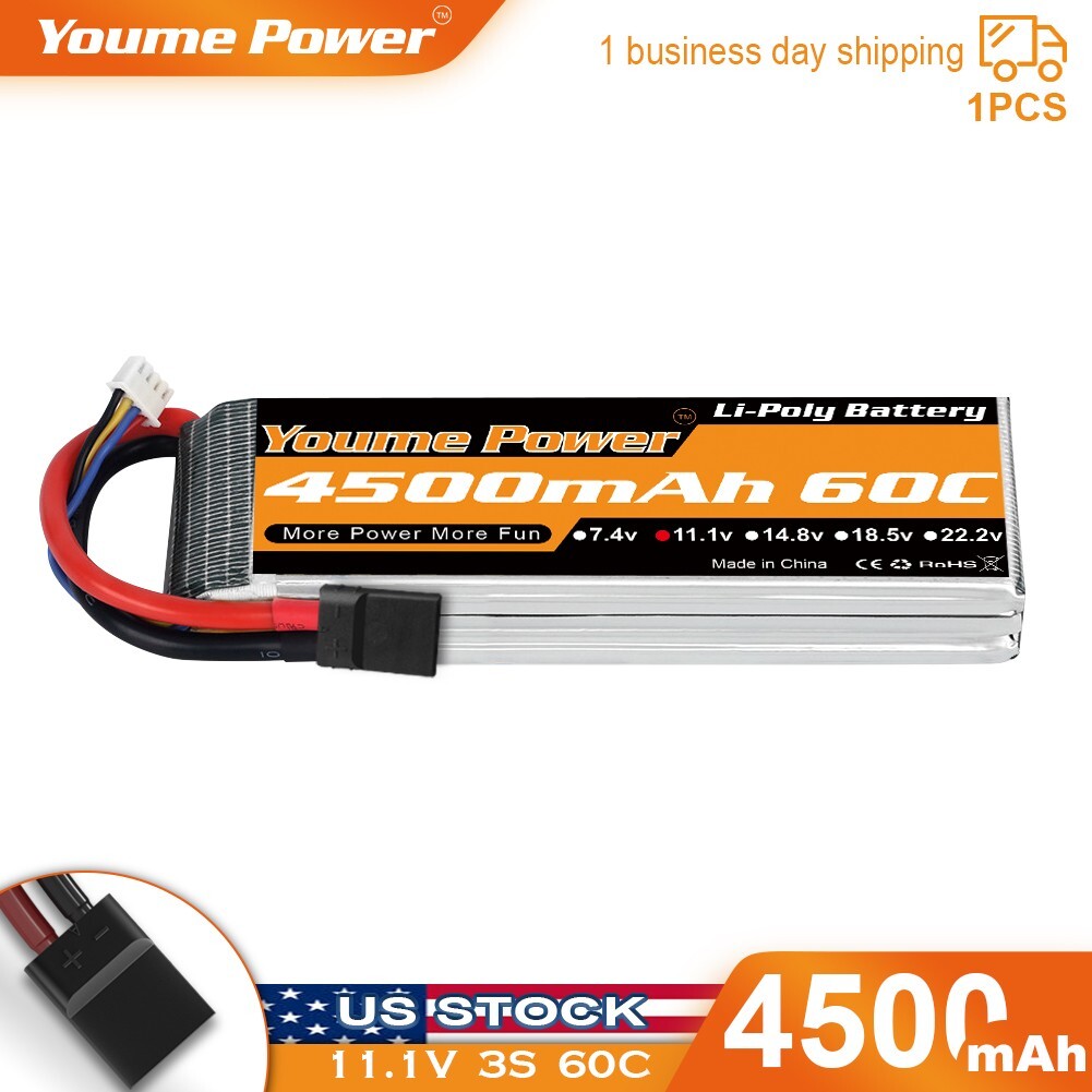 Youme Power 4500mAh 60C Li-Poバッテリー2個セット Youme 11.1V 3S 4500mAh LiPo Battery 60C for RC Car Truck Buggy