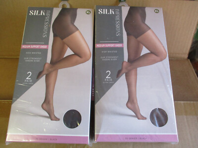 4 Pair BLACK X-LARGE  XL Silk Impressions Pantyhose MEDIUM SUPPORT SHEER M6