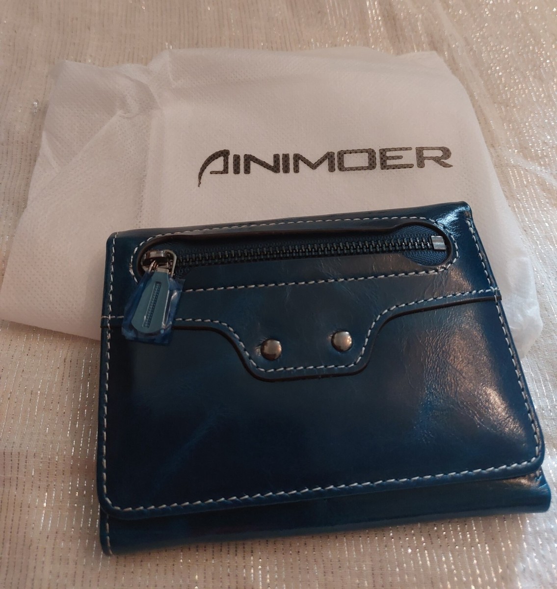 New** bagged Ainimoer fold RFID waxed Leather Purse Blue UK