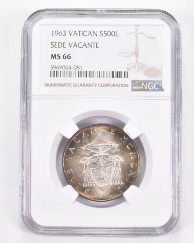 MS66 1963 Vatican 500 Lire Silver - Sede Vacante - NGC- INSANE Tone *8872
