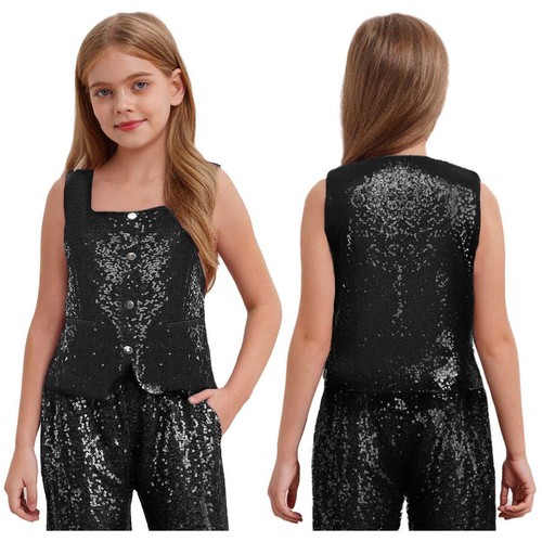 Girls Sparkle Sequins Dance Crop Tops Sleeveless Camisole Tank Tops Vest - Picture 54 of 78