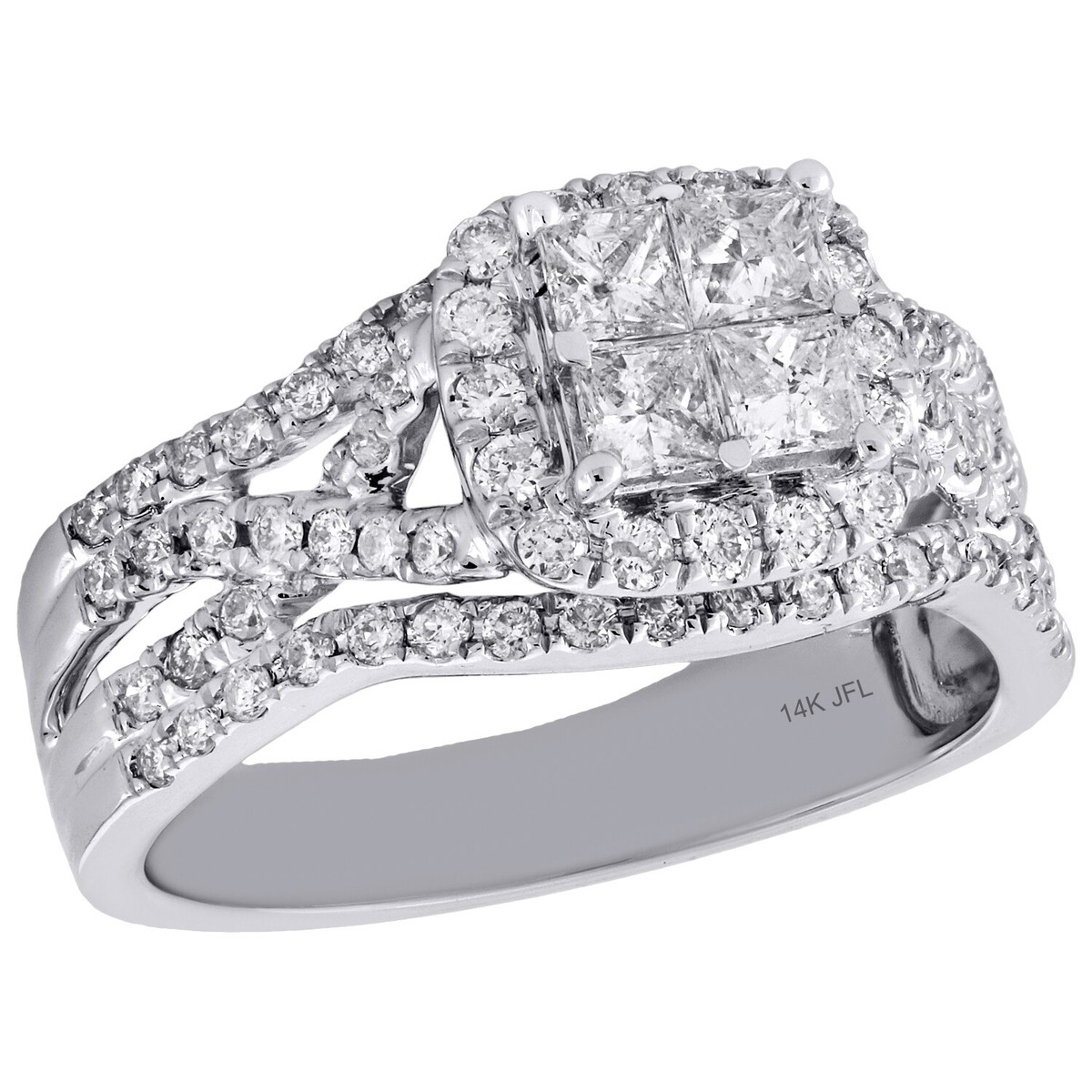 14K White Gold Quad Princess Diamond Intersecting Halo Engagement Ring