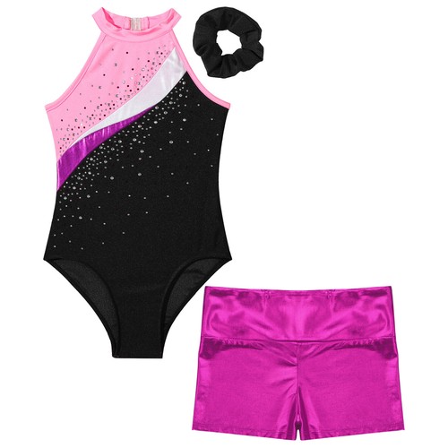 Kids Girls Gymnastic Leotard Shiny Biketard Unitard with Shorts Hair Tie Set - Picture 9 of 40