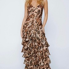 Nasty Gal Animal Print Metallic Tiered Maxi Dress Size 14