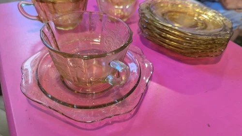 Set Of 6 Depression Era Federal Glass Amber Madrid Coffee Cups & Saucers