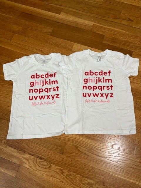 Lot of 2 Bella+Canvas Youth S 6-8 White T-Shirts Alphabet Hi Let's Be Friends