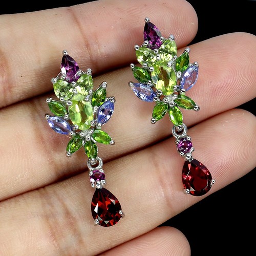 925 Sterling Silver Earrings Pear Rhodolite Amethyst Tanzanite Gemstone Jewelry - Picture 2 of 13