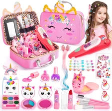 Kids Makeup Kit for Girls Toy – Washable Play Make up Set & Hair Gem Stamper, Bl