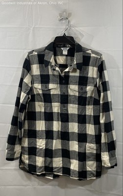 Duluth Trading Co Women's Black White Gingham Flannel Popover Tunic Shirt Sz L