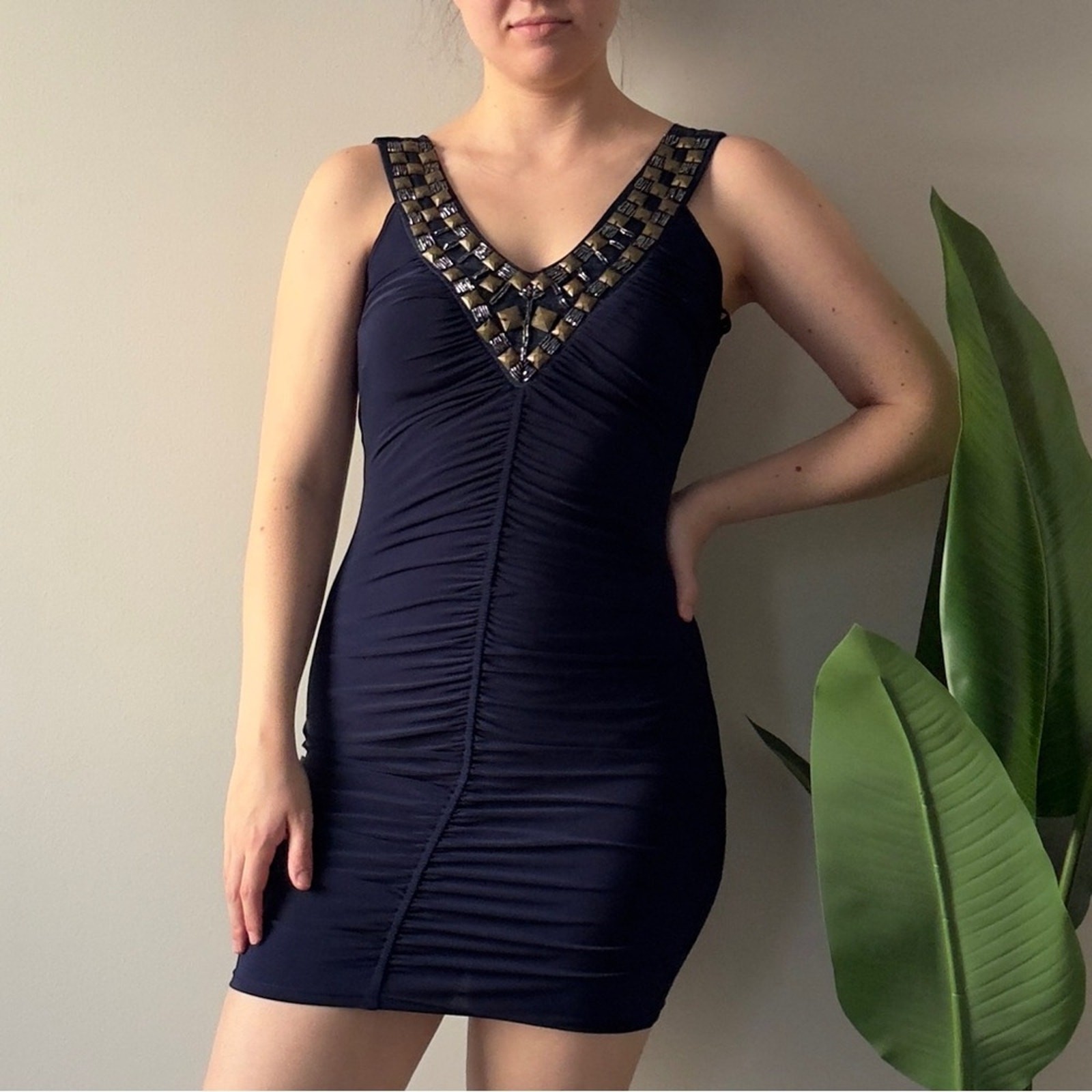 Vintage 2000s Papaya Navy Ruched Embellished Bodycon Mini Dress V-Neck Y2K Blue