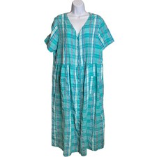 Only Necessities Women's Aqua Seersucker Mumu Lounge Dress Size L 18/20 Kaftan