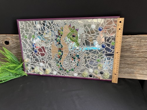 BEAUTIFUL Mosaic Mirror glass Art green SEAHORSE and Seashells OCEAN 19.5x12” - Picture 3 of 9