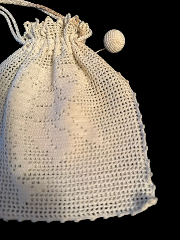 Antiguo Monedero Eduardiano Crochet Retícula Pequeño Bolso de Novia Cordón 1900’s Foto 3 de 4