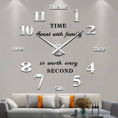 Large Modern 3D Wall Clock for Living Room Decor, DIY Mirror Number Stickers, Bl