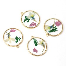 C 8PCS Gold Tone Dried Pressed Flower Resin Round 30mm Charm GYX2008
