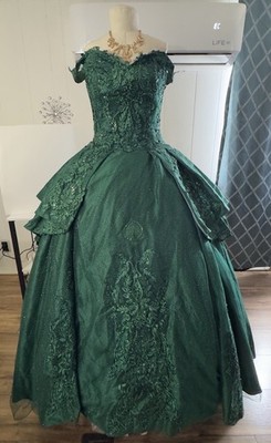 Green Off the Shoulder Ballgown Prom Dress Size 10 Lace Up Beaded Floral Tulle