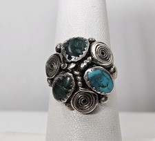 Vintage Sterling Silver Three Stone Turquoise Ring Navajo Size 6.25 Greasy Green