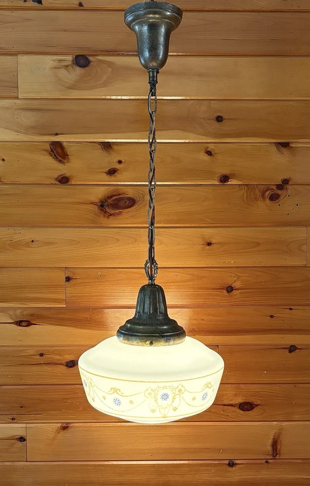 Antique 1910s 20s Schoolhouse Opal Glass Pendant Brass Light Fixture Chandelier - Image 3 of 4